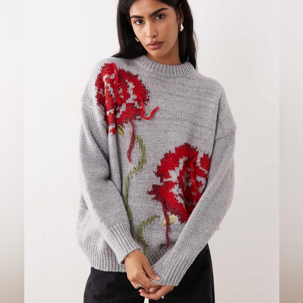ASOS Gray Crewneck Sweater with Red Floral Intarsia